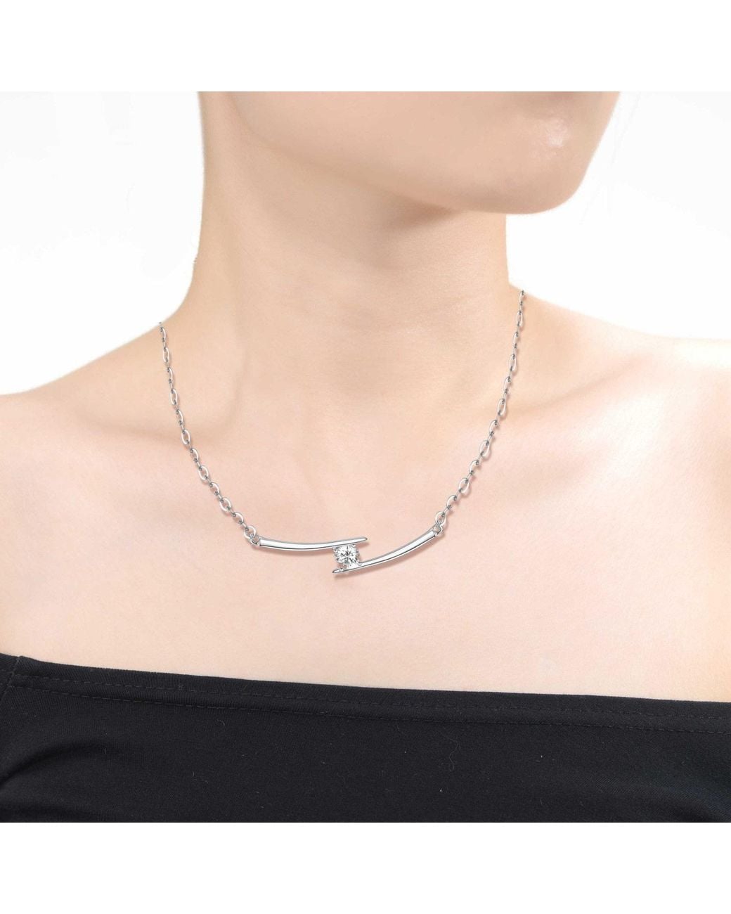 Genevive Jewelry Metallic Sterling With Cubic Zirconia Solitaire Double Bar Pendant Necklace