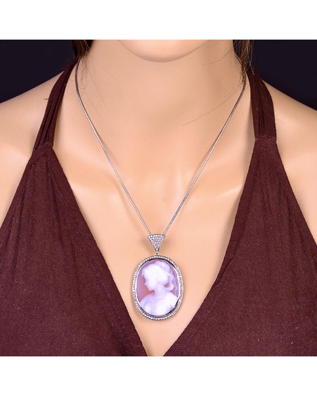 Artisan Metallic 18k Solid & Sterling Silver With Pave Diamond And Shall Cameo Face Pendant