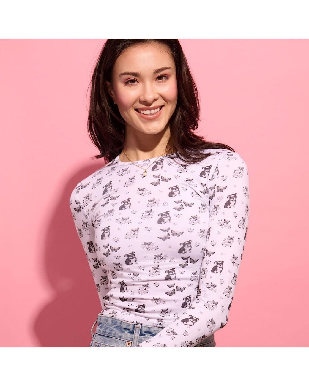 Cloud Haven Blue Long Sleeve Smiling Bulldog Printed Tee