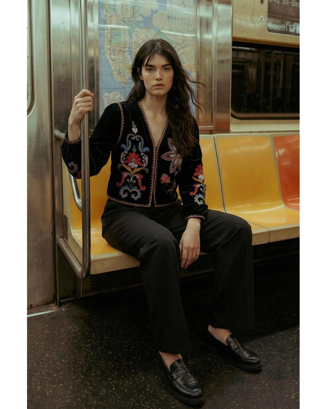 Traffic People Black Folklore Velvet Floral Embroidered Blazer Jacket