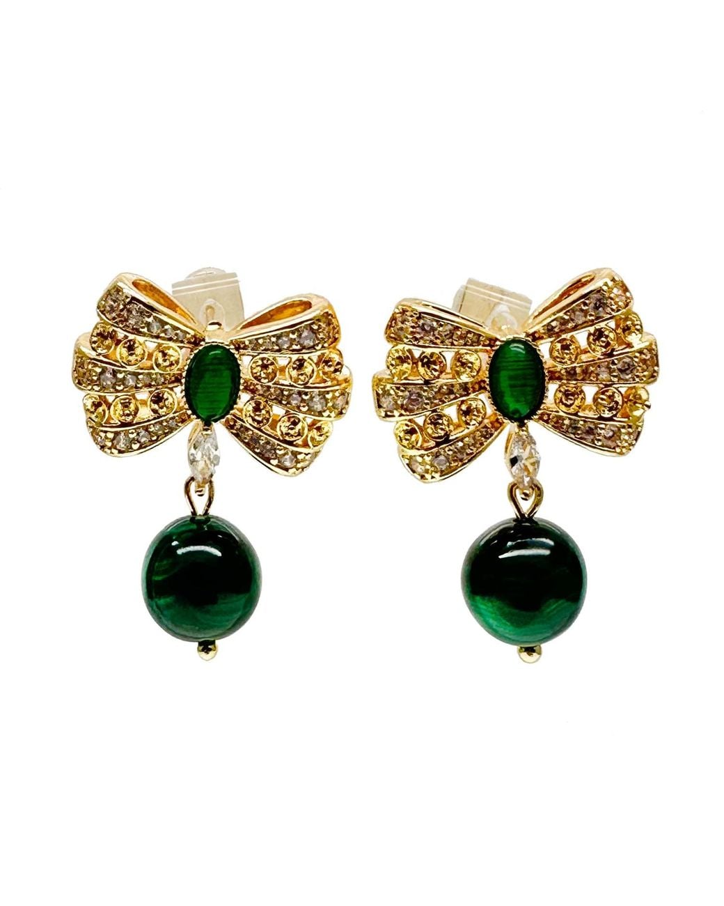 Farra Green Butterfly Bow With Malachite Dangle Earrings