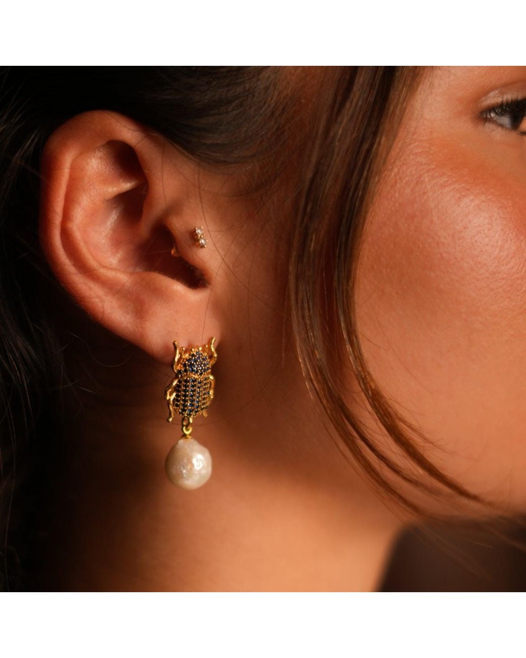 Ebru Jewelry Metallic Egyptian Scarab Sapphire & Pearl Dangle Mystic Earrings