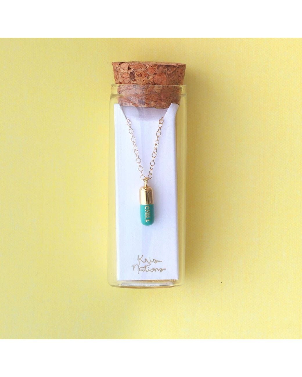 Kris Nations Metallic Chill Pill Enamel Necklace Gold Filled & Turquoise Emamel