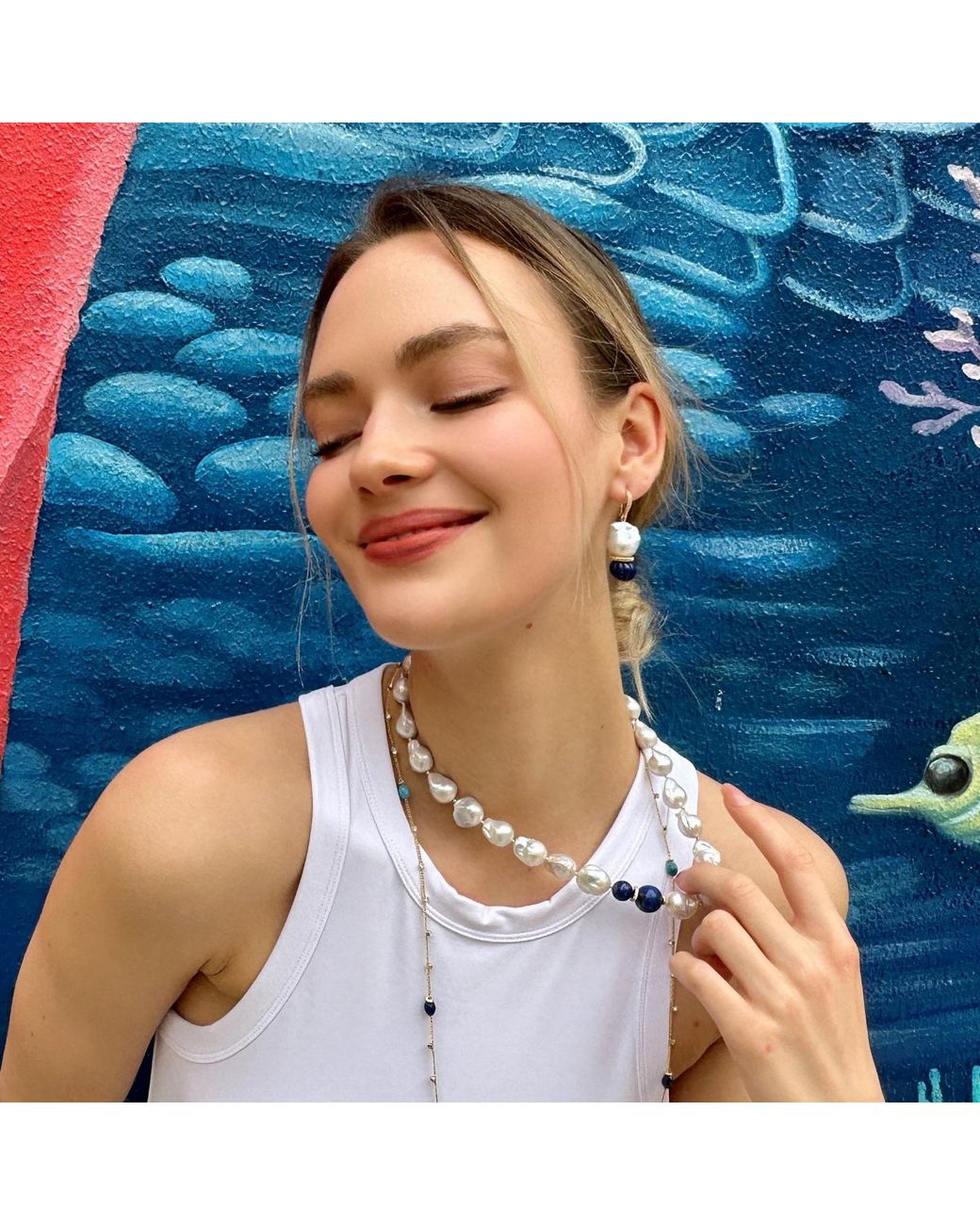 Farra Blue Classic Baroque Pearls With Pumpkin-Shaped Lapis Earrings