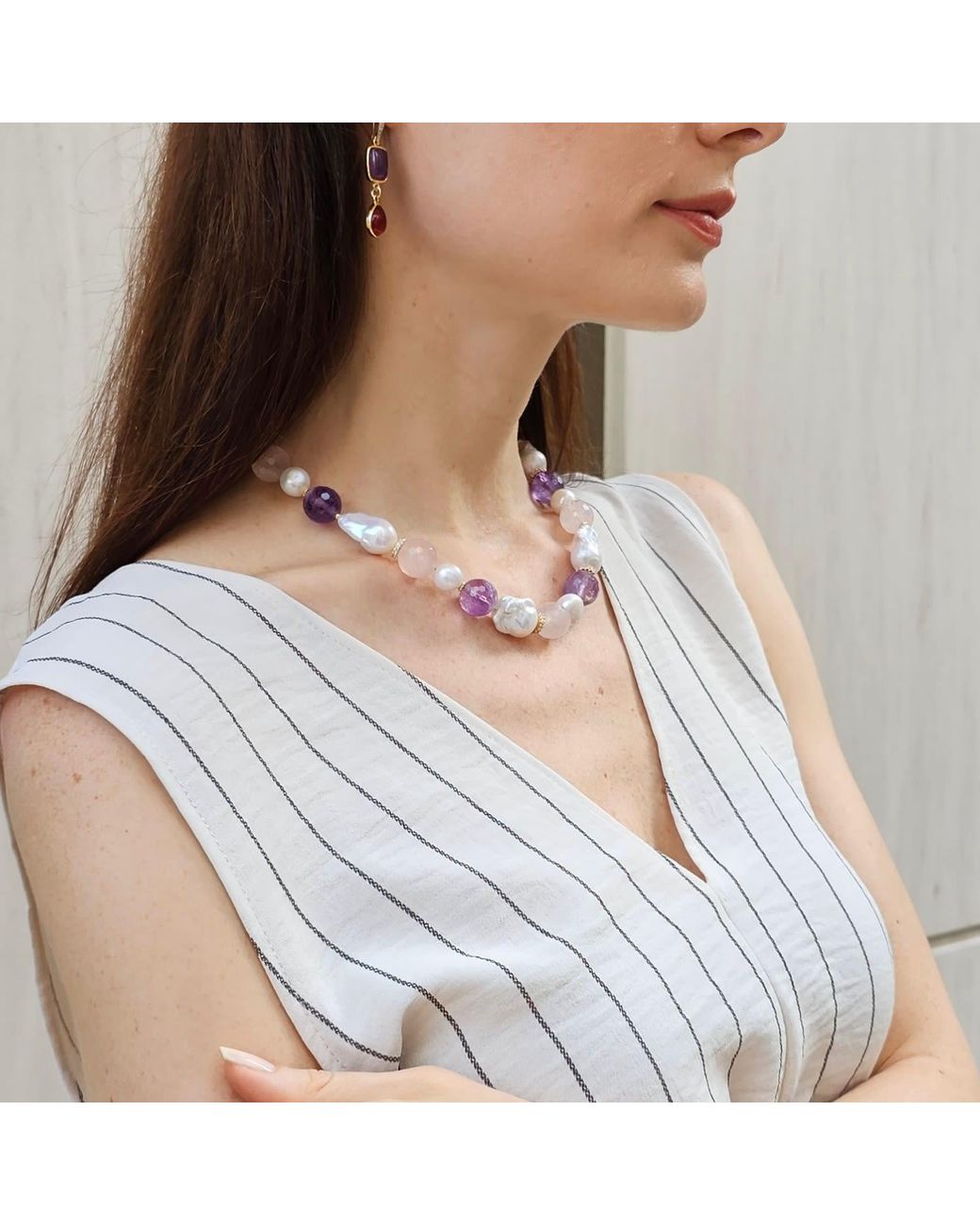 Farra Multicolor Baroque Pearls With Rose Quartz And Amethyst Necklace