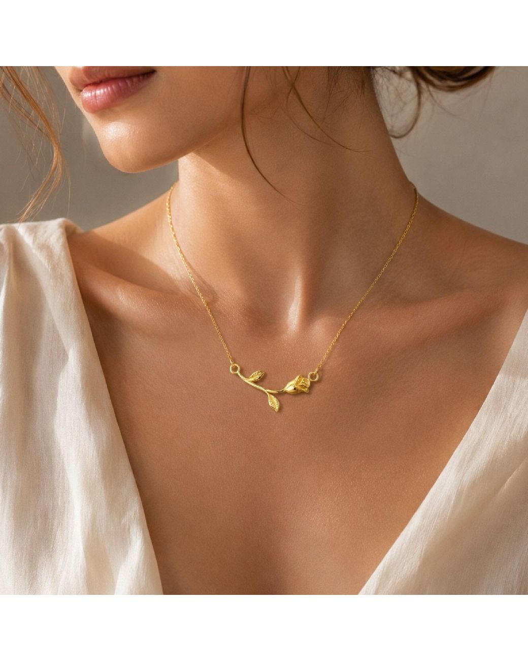 Unaloe Metallic Romantic Rose Stem Necklace Vermeil – Elegant Floral Pendant For