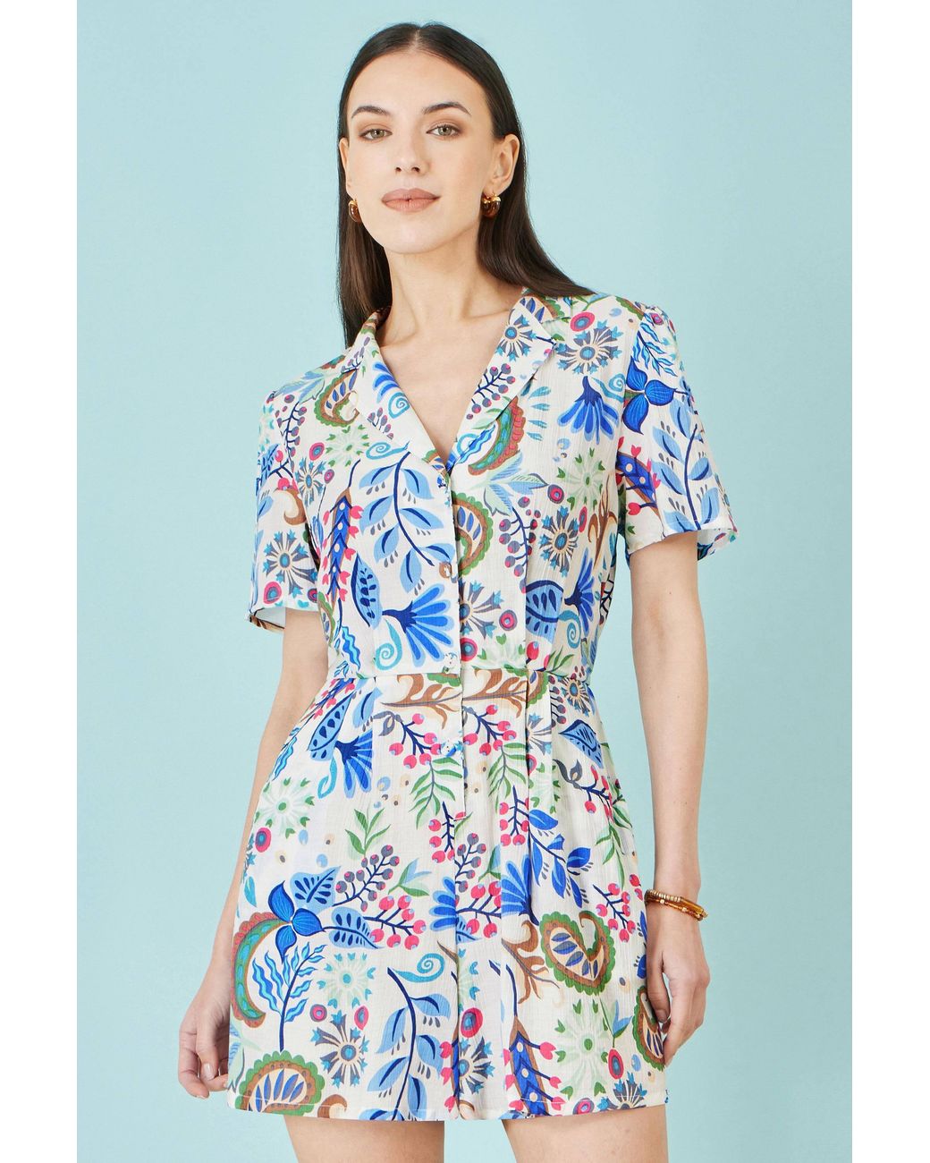 Yumi' Blue Multicolour Paisley Retro Print Playsuit