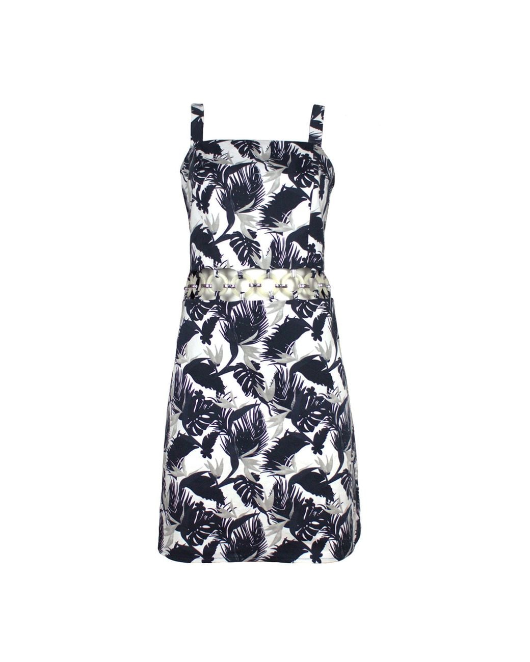 Lalipop Design Blue Palm Leaves Design Printed Ring Detailed Cut-out Mini Dress