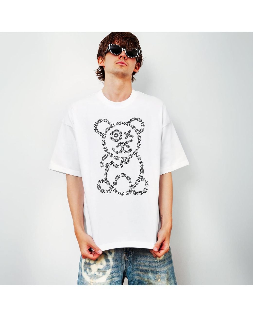 X Ilona Blue Red Universal Fit Graffiti Baby Bear Organic Cotton Chain Link Embroidery Tee for men