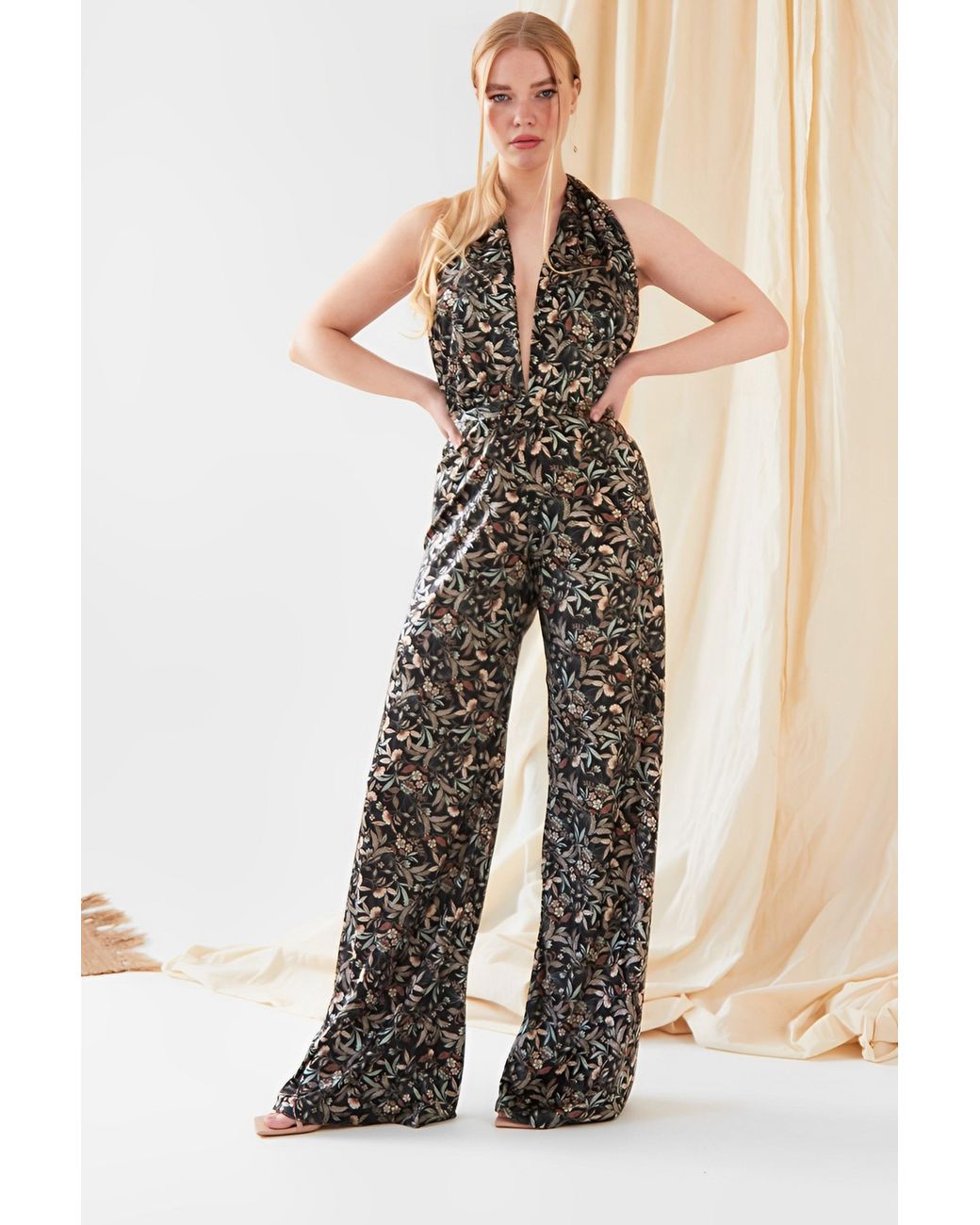 Sarvin Multicolor Floral Velvet Backless Jumpsuit