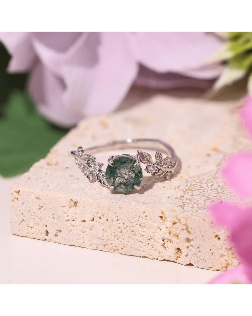 Azura Jewelry New York White Between The Leaf Round Moss Agate Ring Vermeil