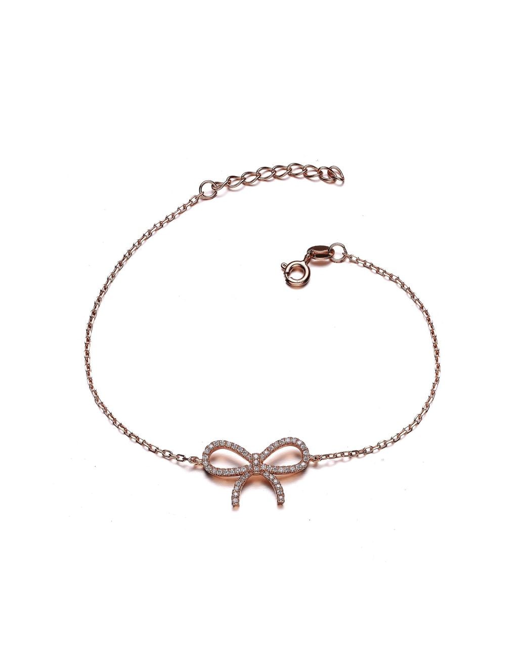 Genevive Jewelry Metallic Rose Sterling Rose Plated With Clear Cubic Zirconia Bracelet With Bow Design