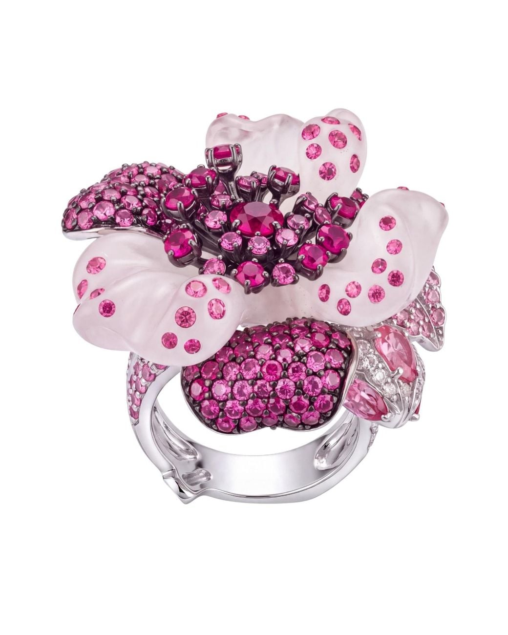 Latelita London Pink Jade Ruby Rose Flower Cocktail Ring