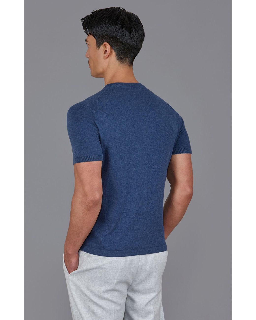 Paul James Knitwear Blue Ultra Fine Cotton Hudson High V Neck Knitted T-Shirt for men