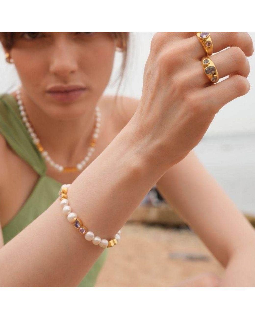 LINYA JEWELLERY Metallic Diana Colorful Stone Pearl Bracelet