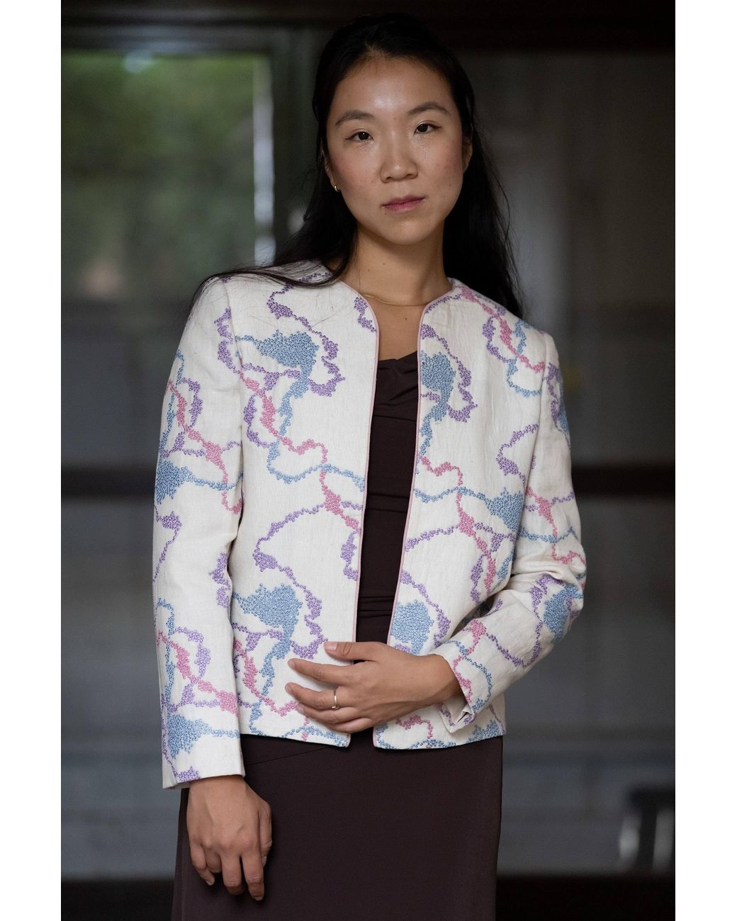 Stovaria Multicolor Neutrals Pastel Embroidered Pure Linen Statement Jacket