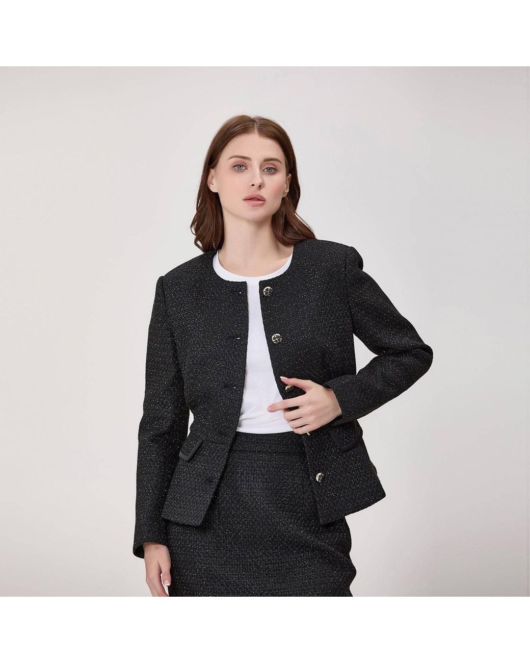 Smart and Joy Black Textured Tailored Jacket With Jewelled Buttons