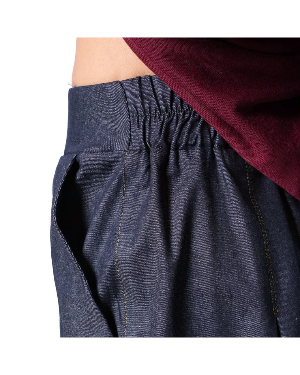 Metamorph Blue Drop Crotch Denim Trousers With Pleats And Elastic Waist