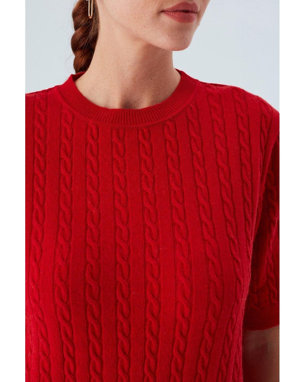 Peraluna Red Nicole Cable Knit Cashmere Blend Short Sleeve Blouse