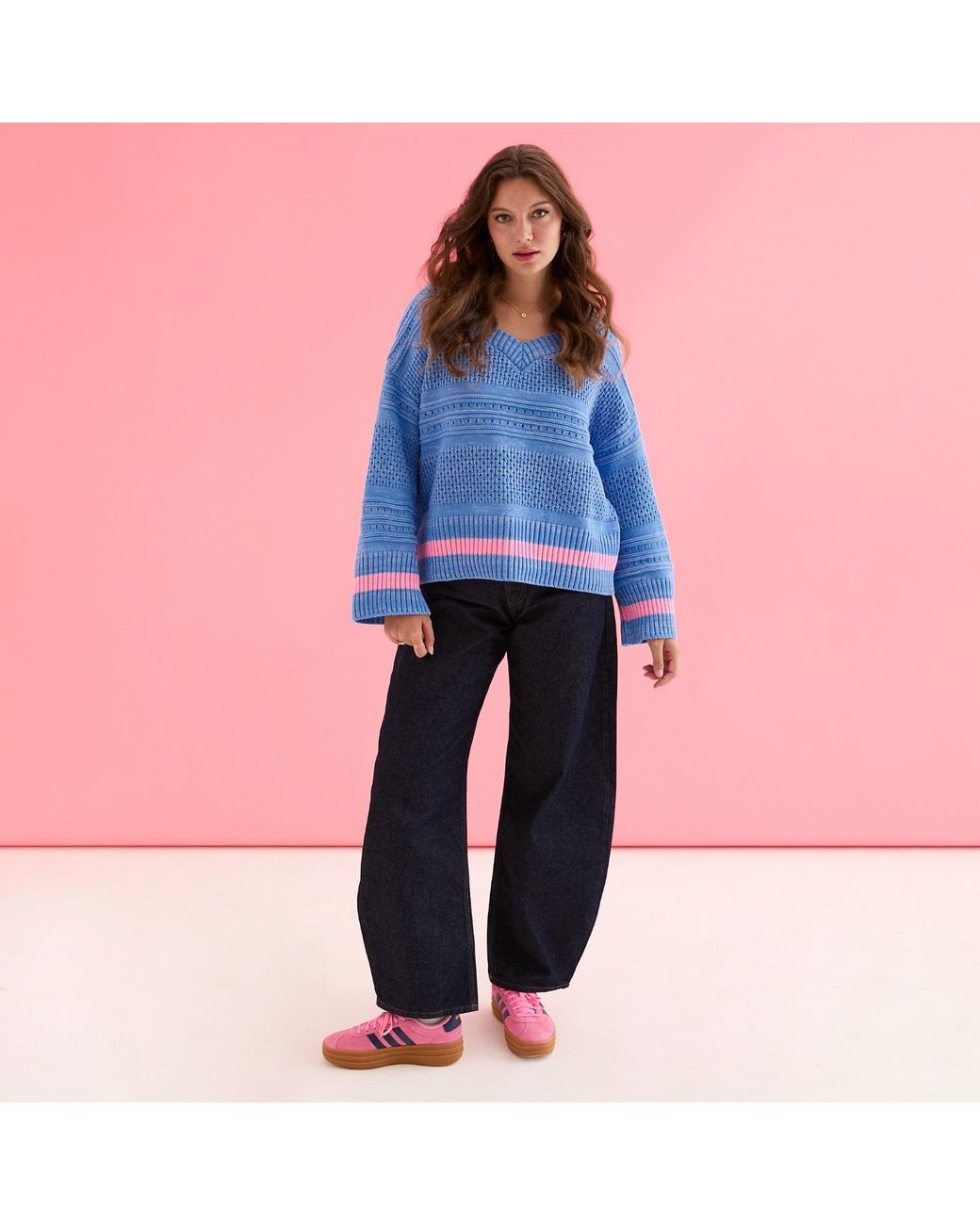 Cara & The Sky Blue Judith Pointelle Stitch V Neck Jumper