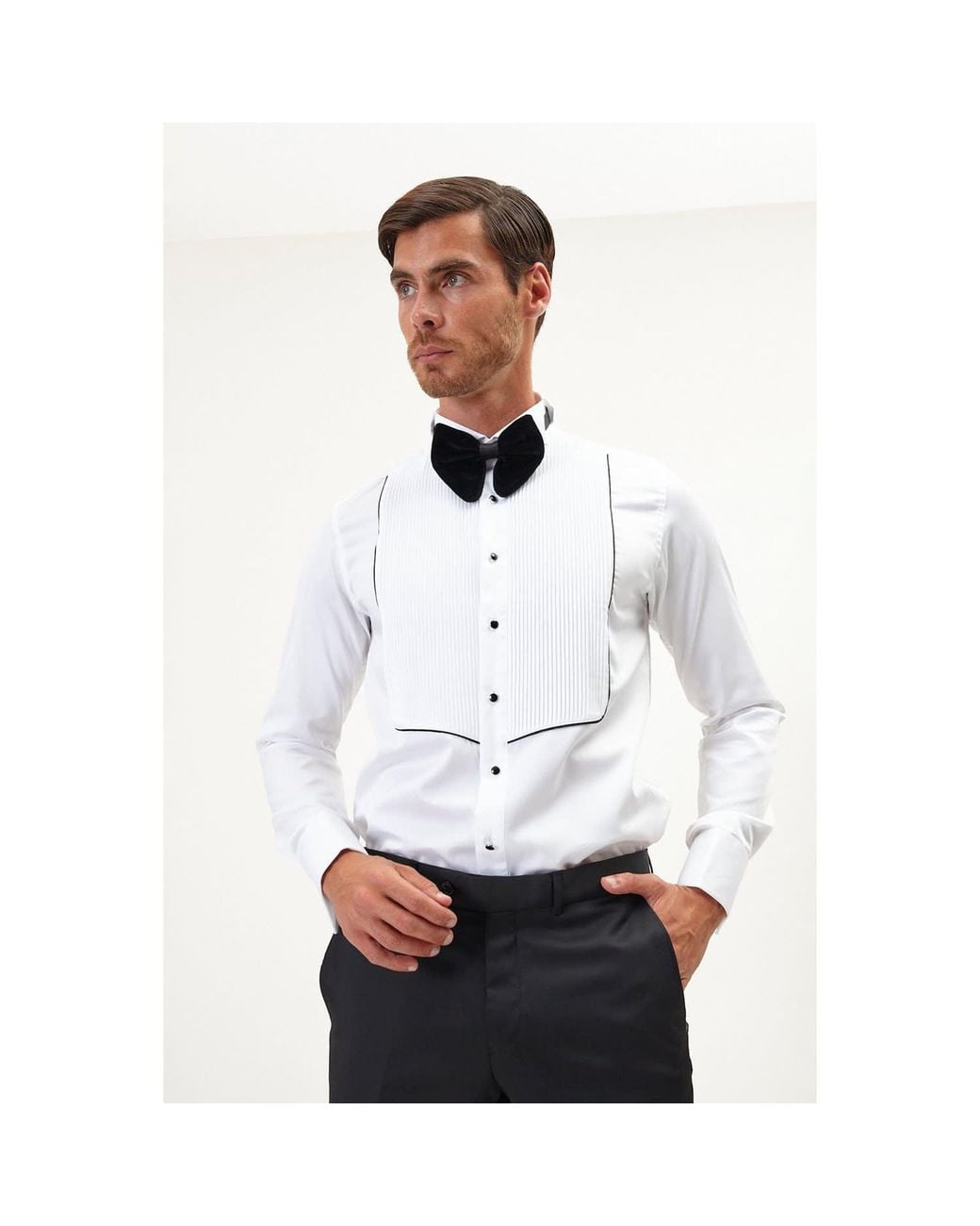 Ron Tomson White Pure Cotton Pleated Wing Tip Collar Shirt for men