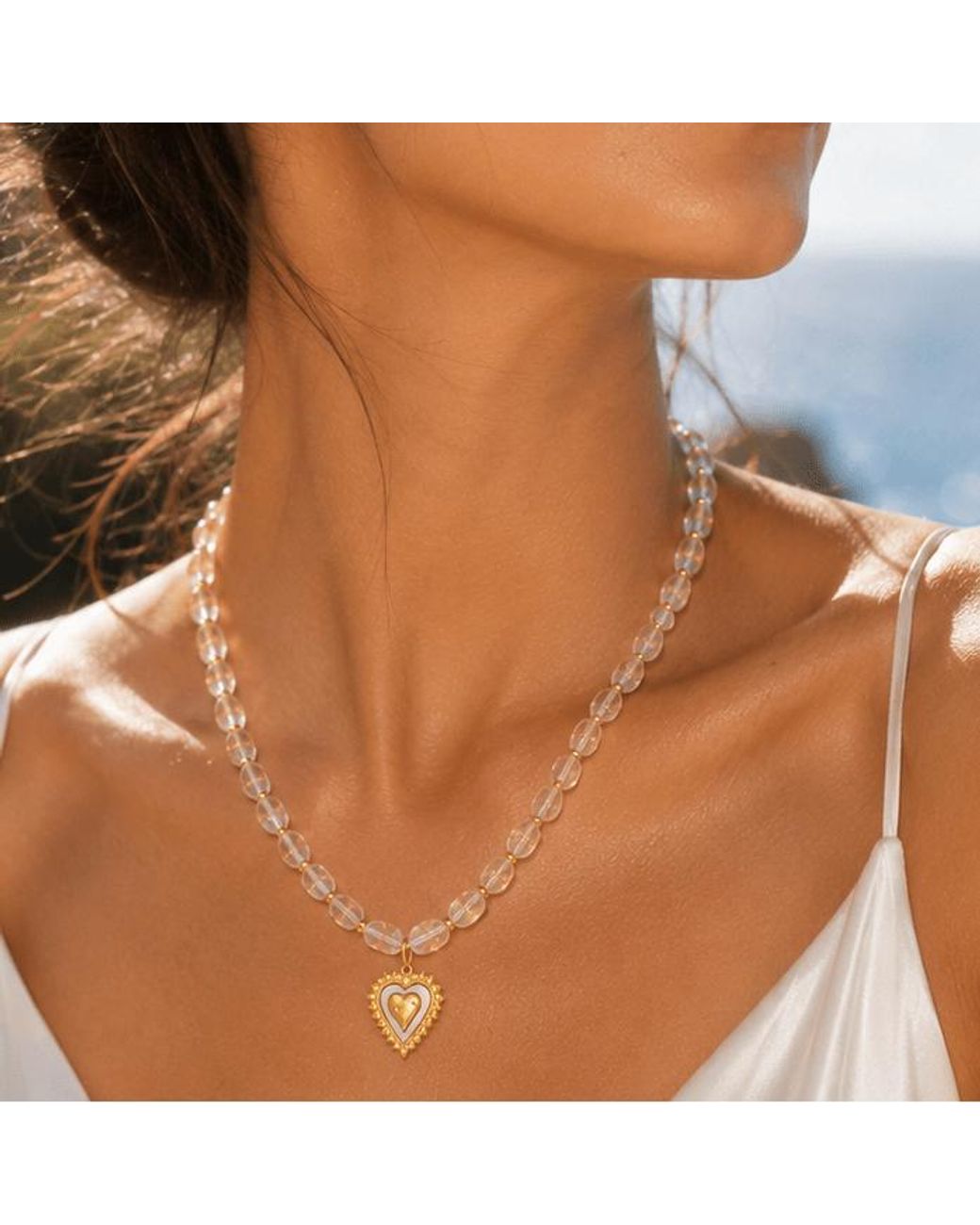 Ormiro Metallic Telos Heart Clear Quartz Beaded Necklace