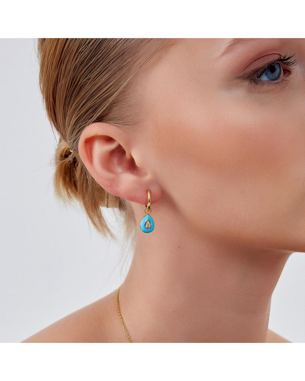 Spero London Blue Enamelled Jewelled Sterling Drop Hoop Earring