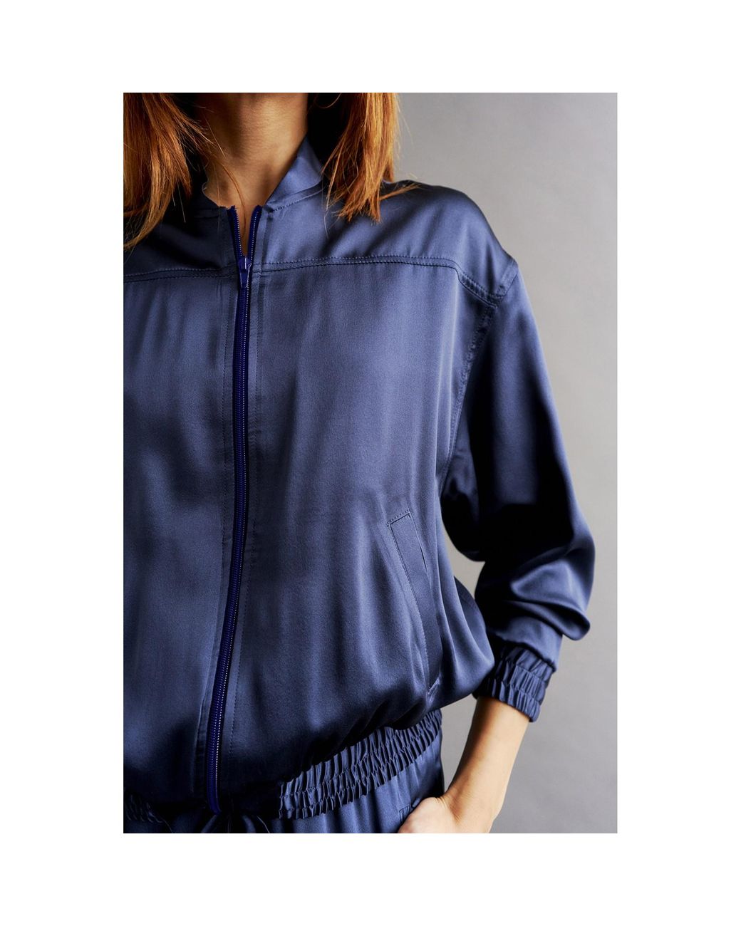 The Summer Edit Blue Poppy Silk Bomber Jacket