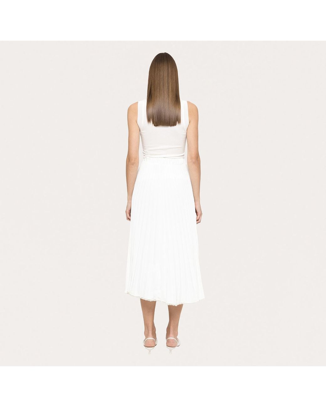 Nissa White Pearl-Trim Pleated Midi Skirt