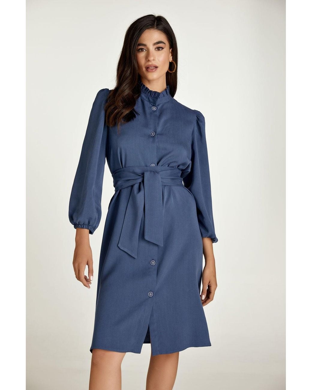 Conquista Blue Belted Long Sleeve Dress