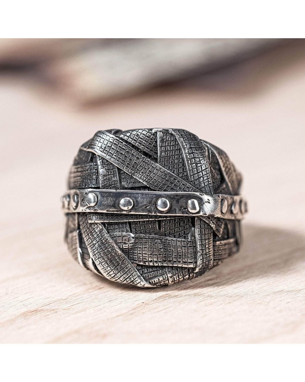 German Kabirski Metallic Gridlock Oxidized Ring With Layered Wrapped Metal Look for men