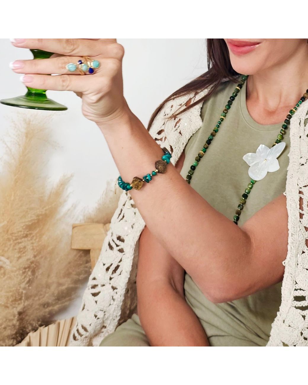 Farra Green Bamboo Coral With Tiger-Eye Bracelet