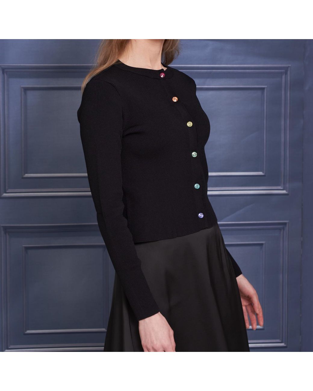 Roch Perel Black Coloured Crystal Button Cardigan