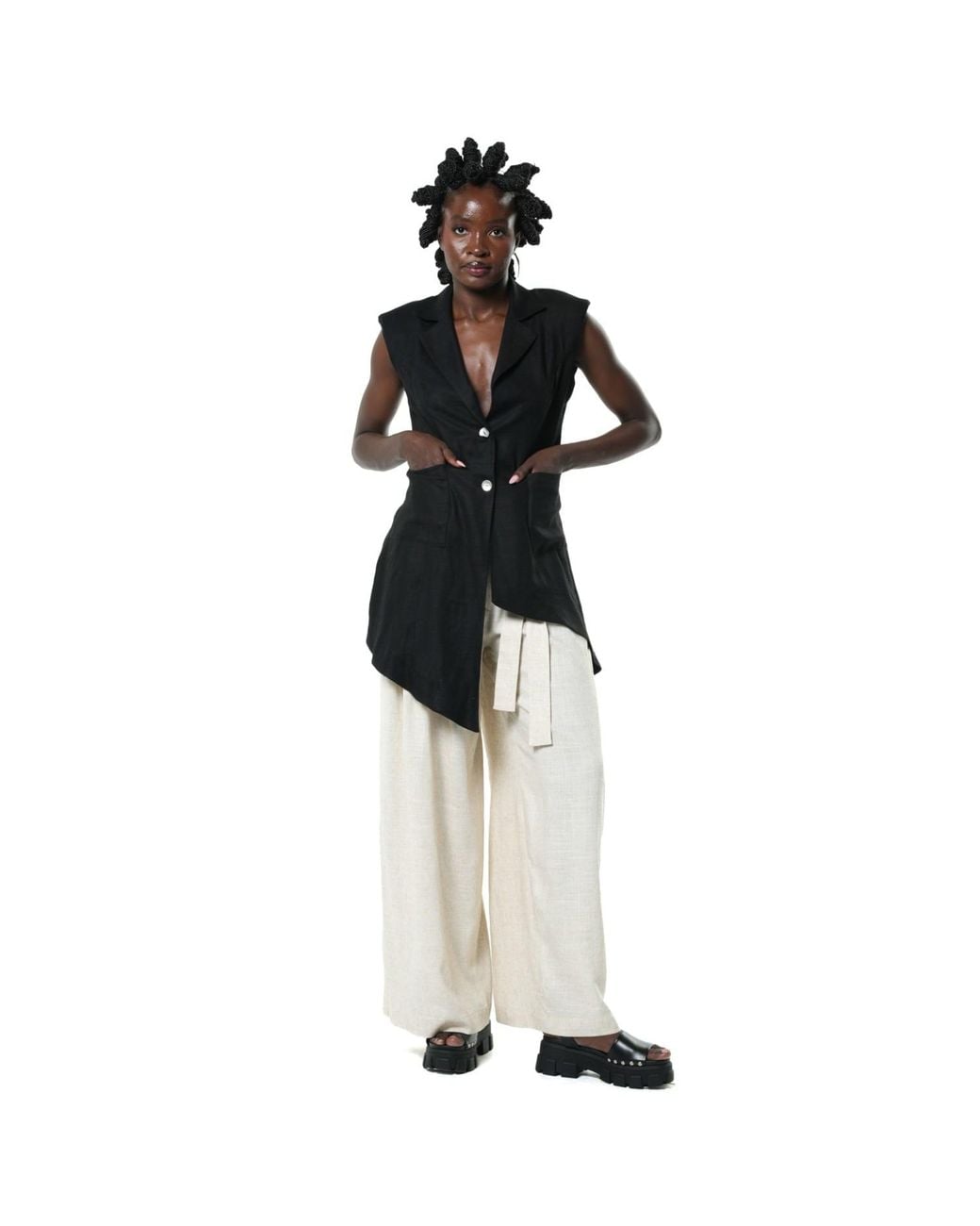 Metamorph White Neutrals Paperbag High Waist Trousers With Linen