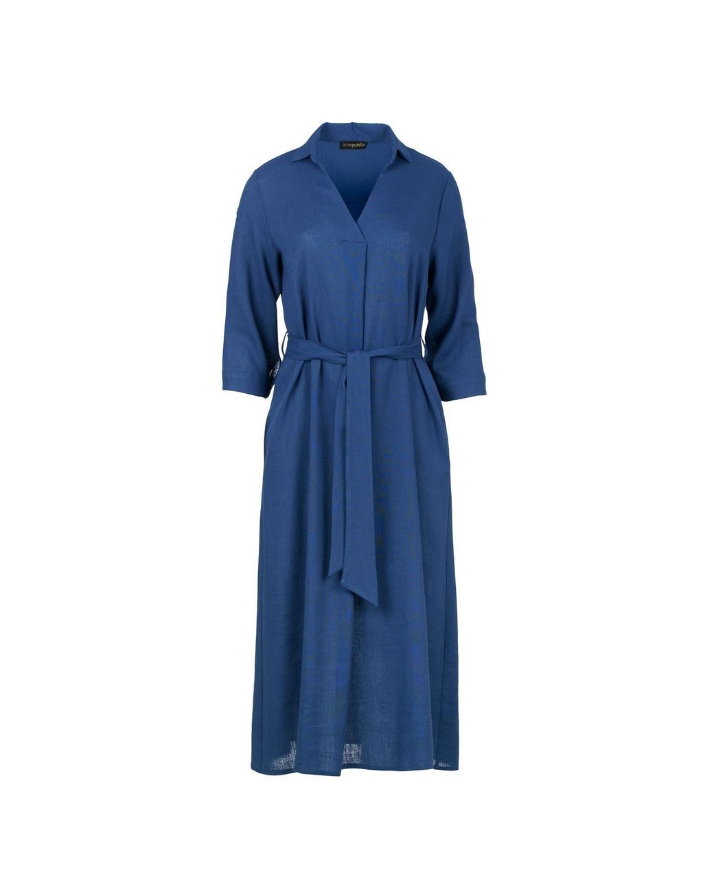 Conquista Blue Linen Style Midi Dress With Belt