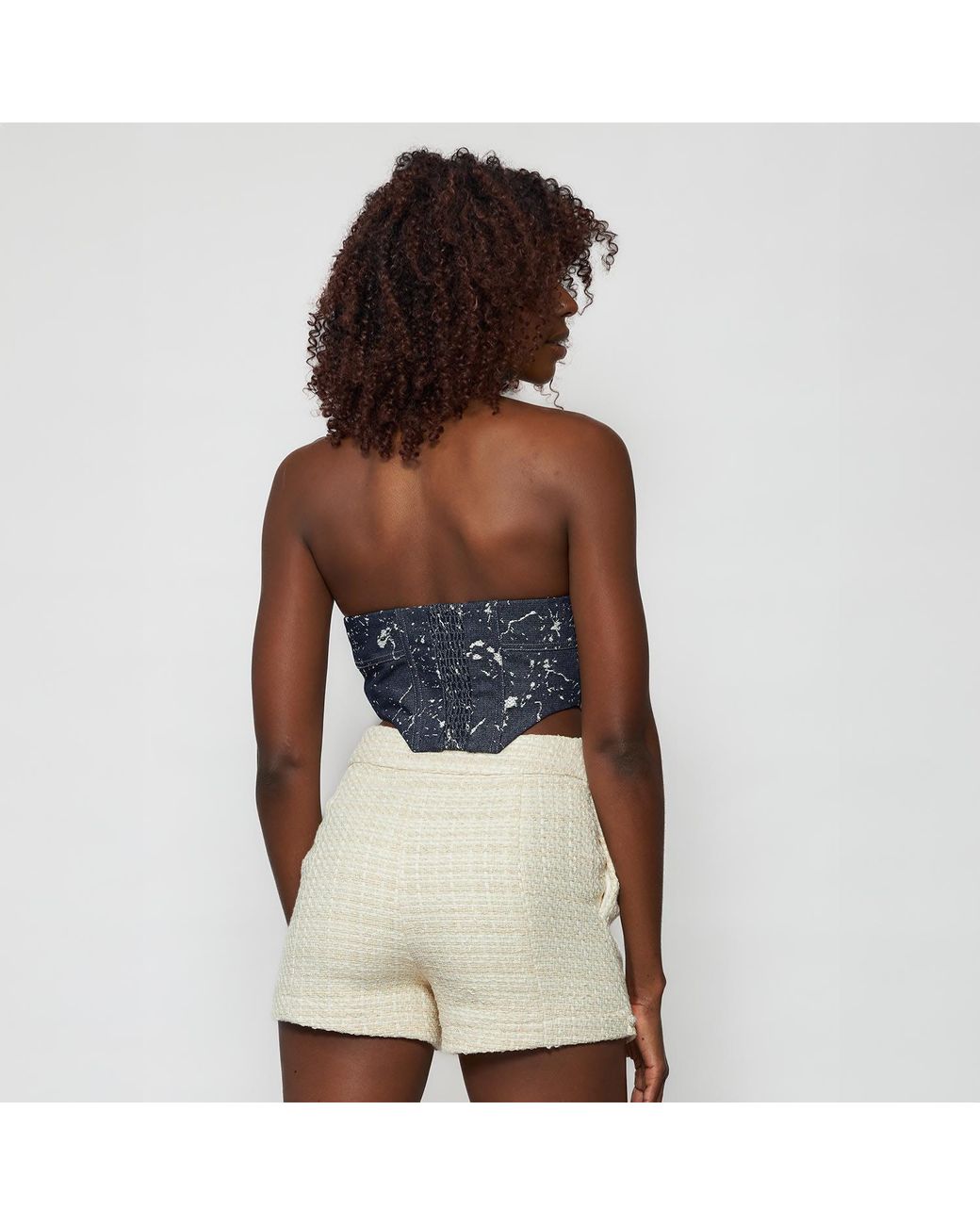 Solgo Atelier Blue Laura Embellished Denim Strapless Bustier With Stylized Cuts And Center Back Smocking Detail