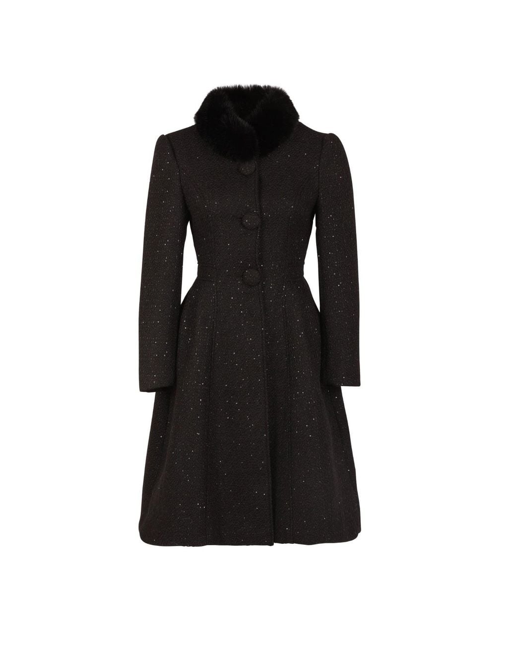 Santinni Black Starlet Wool Tweed Dress Coat With Faux Fur
