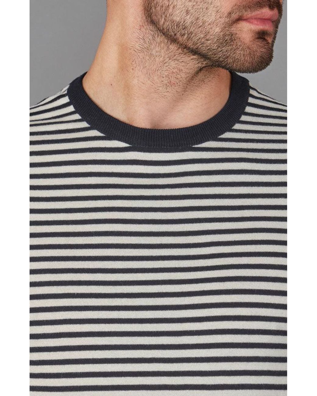 Paul James Knitwear Black Ultra Fine Cotton Antonio Knitted Narrow Breton Stripe T-Shirt for men