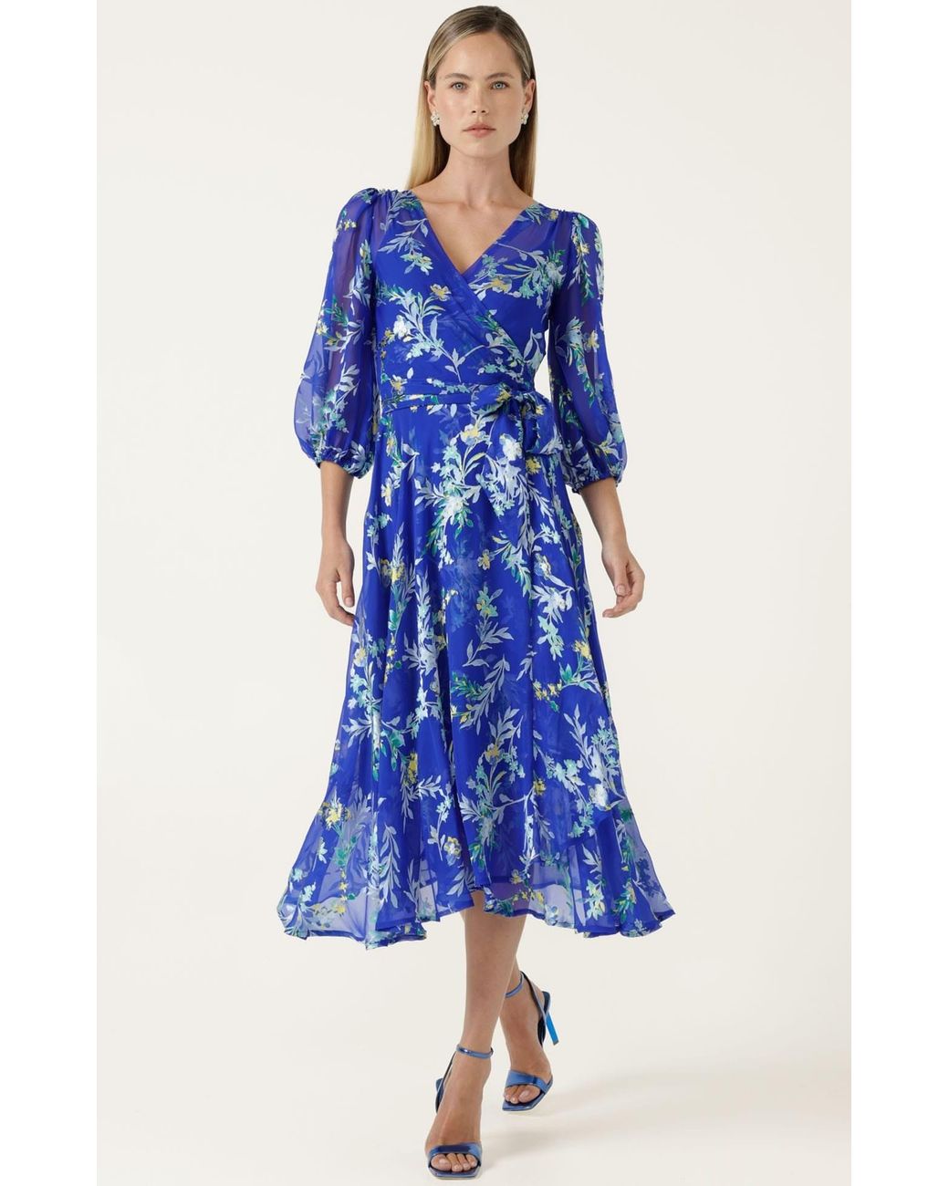 SACHA DRAKE Blue Elspeth Silk Rayon Wrap Midi Dress