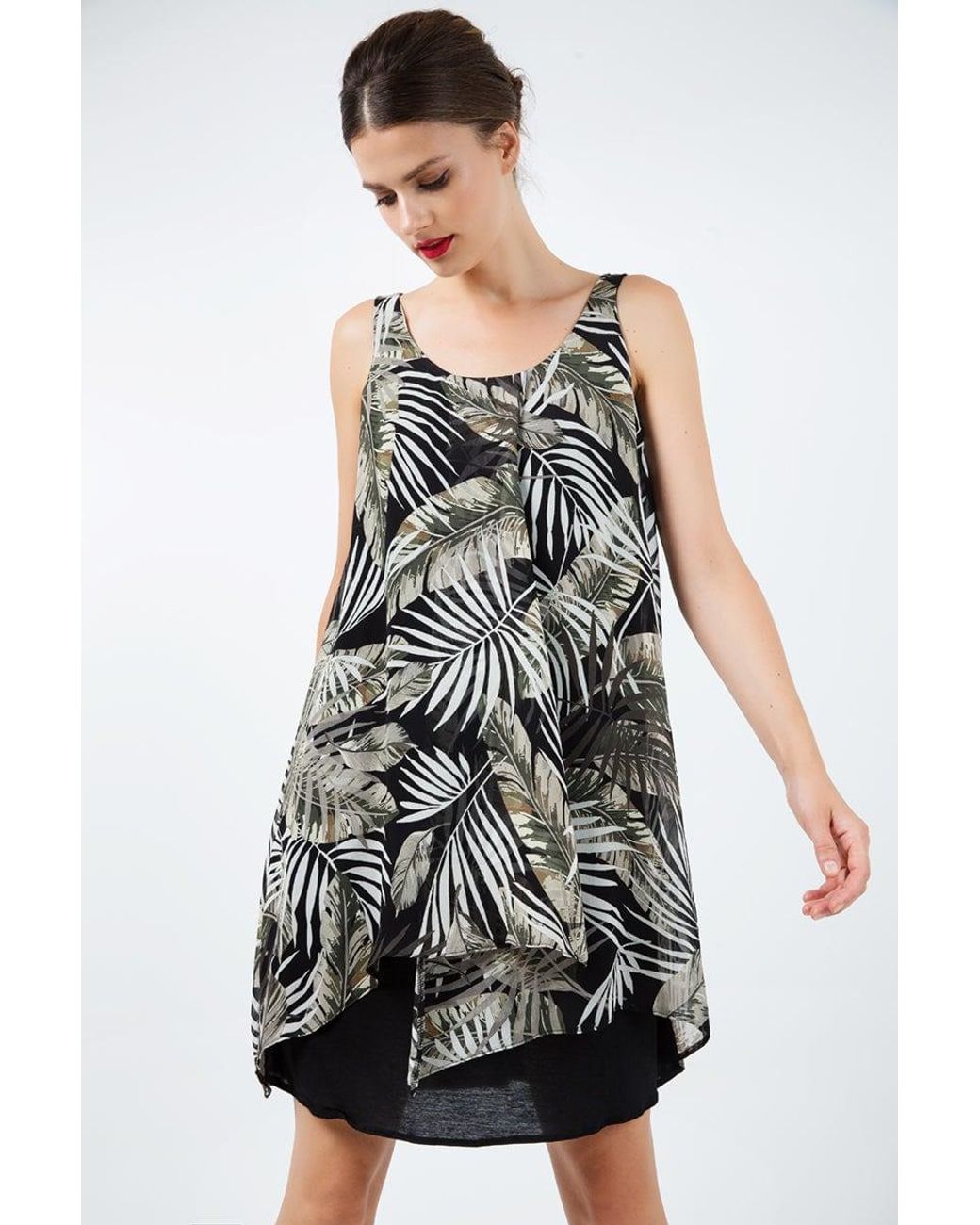 Conquista Black Sleeveless Print Chiffon Dress With Layers