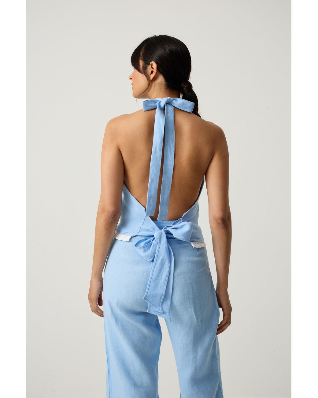 Imaura Blue Btw Linen Halter Top