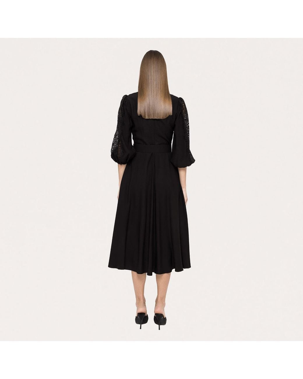 Nissa Black Lace-Insert Viscose Midi Dress