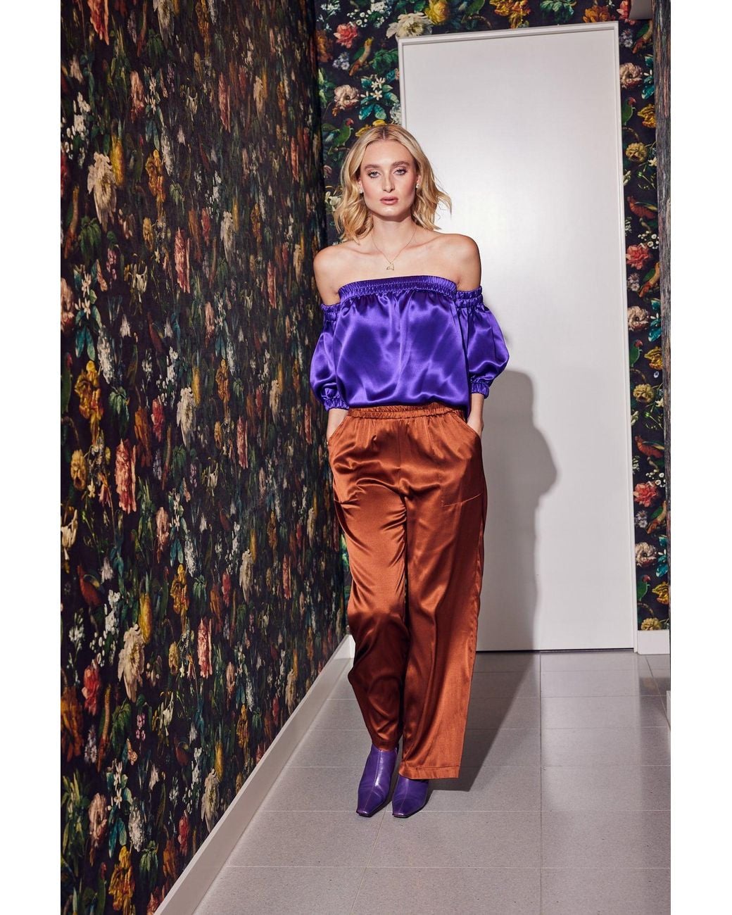 Lindsay Nicholas New York Purple Off The Shoulder Top