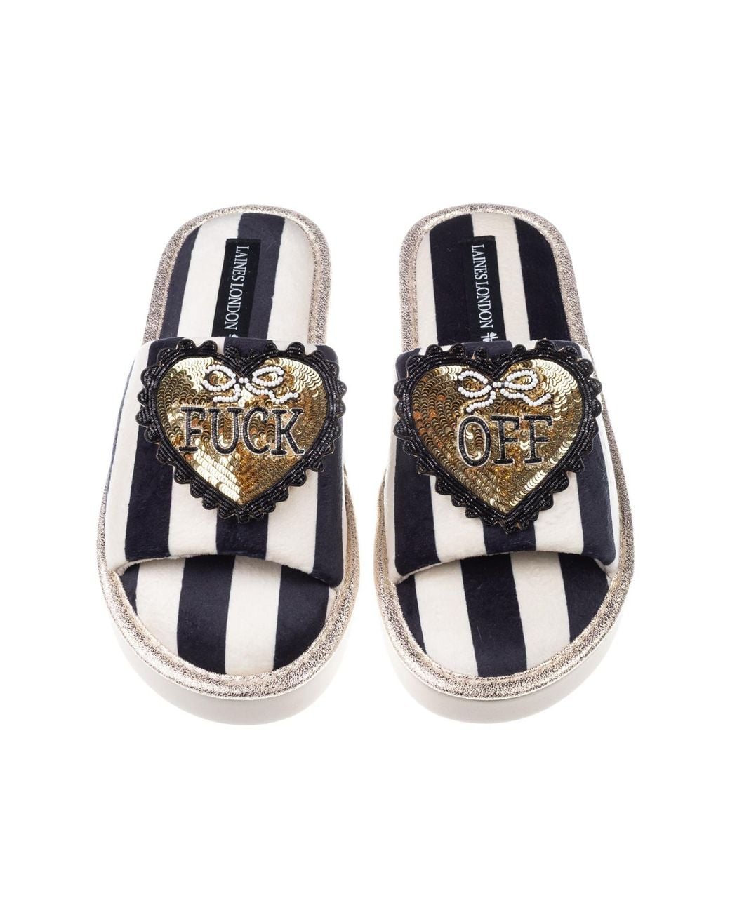 Laines London Black Flatform Stripe Open Toe Slippers With & Fuck Off Brooches