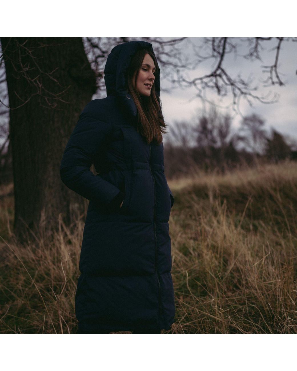 BEIRA Blue Alexis Longline Padded Puffa Coat With Cowl Hood Dark