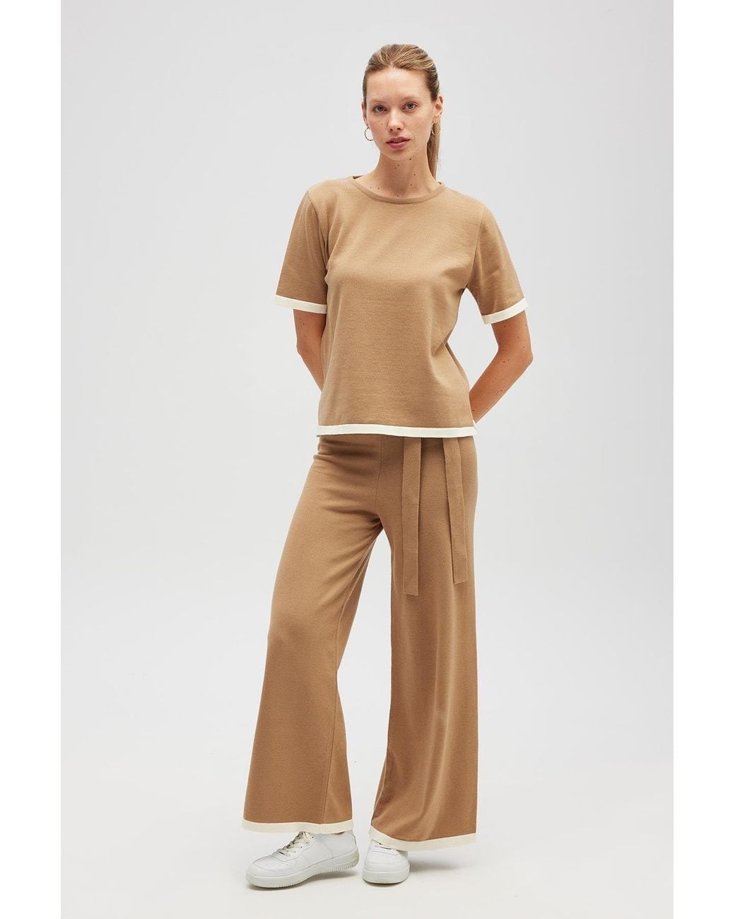 Peraluna Brown Rumi Knit Slit Cotton Blouse