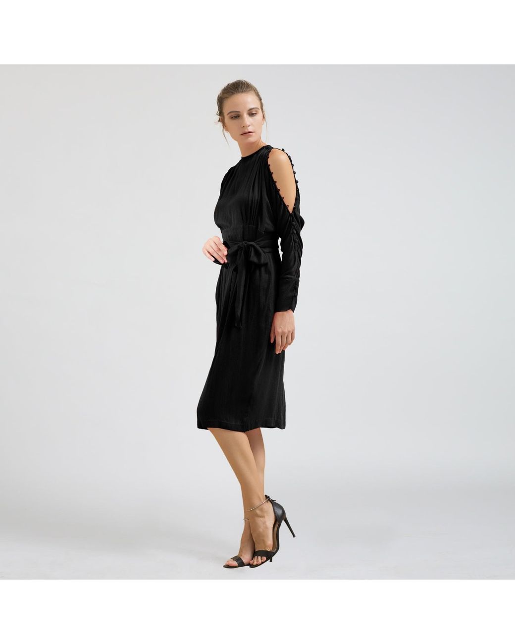 Smart and Joy Black Bat Sleeved Fitted Dress With Off-Shoulders