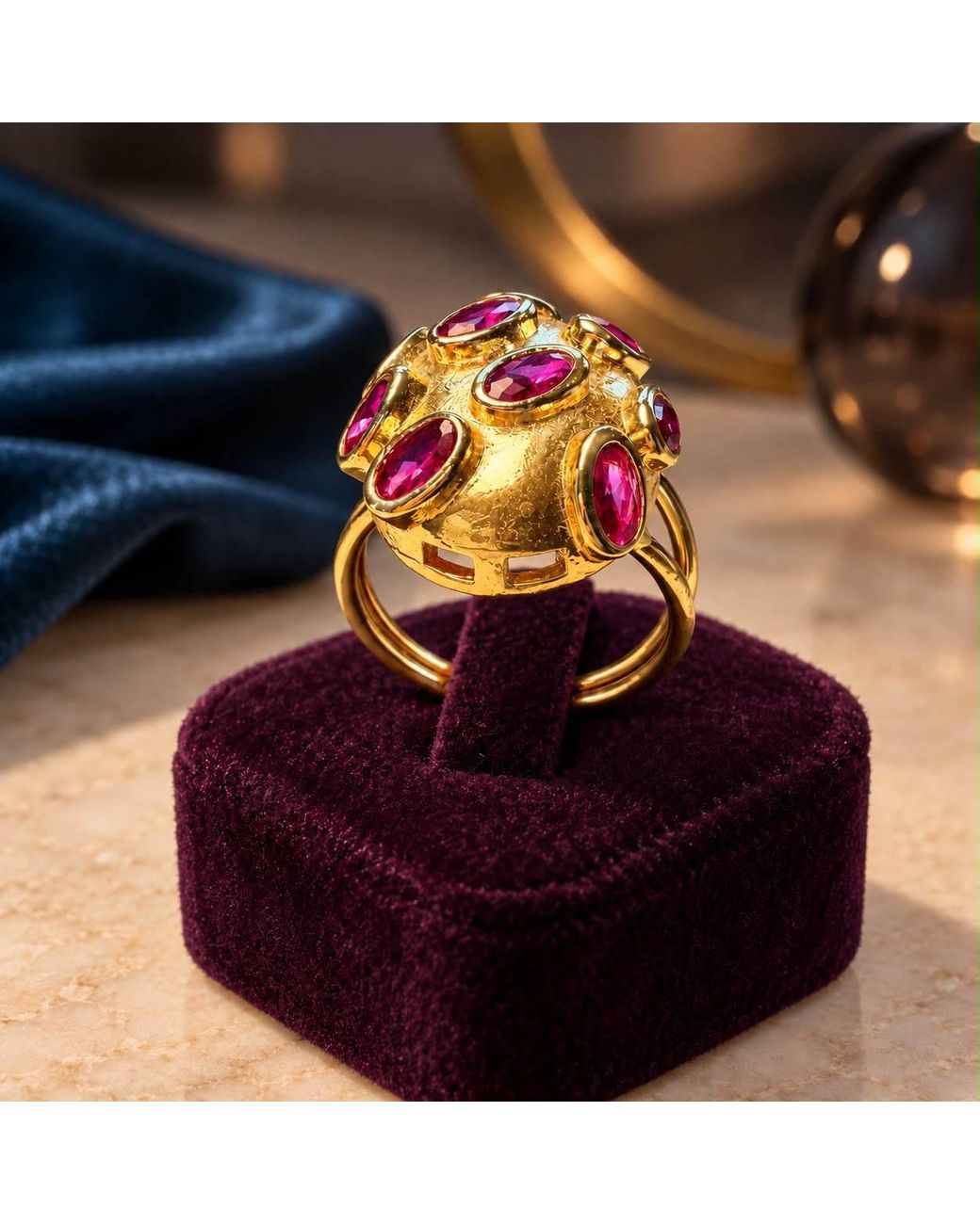 By Ozge Multicolor Ruby Zircon Plated Chunky Statement Ring