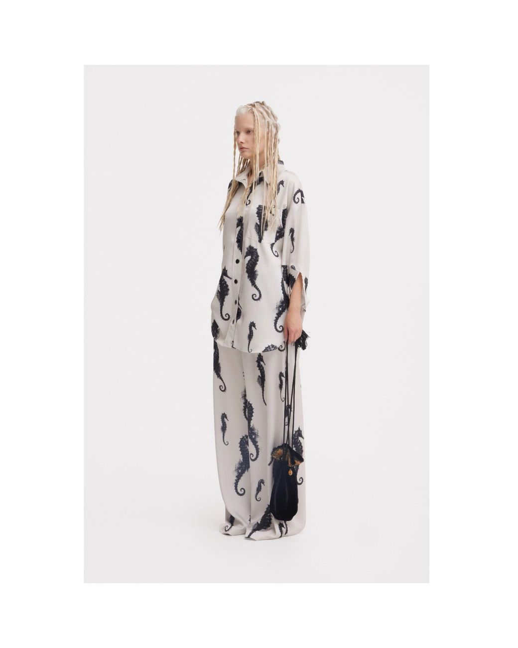 Julia Allert Gray Seahorse Print Oversized Shirt & Paperbag Palazzo Set – Ivory