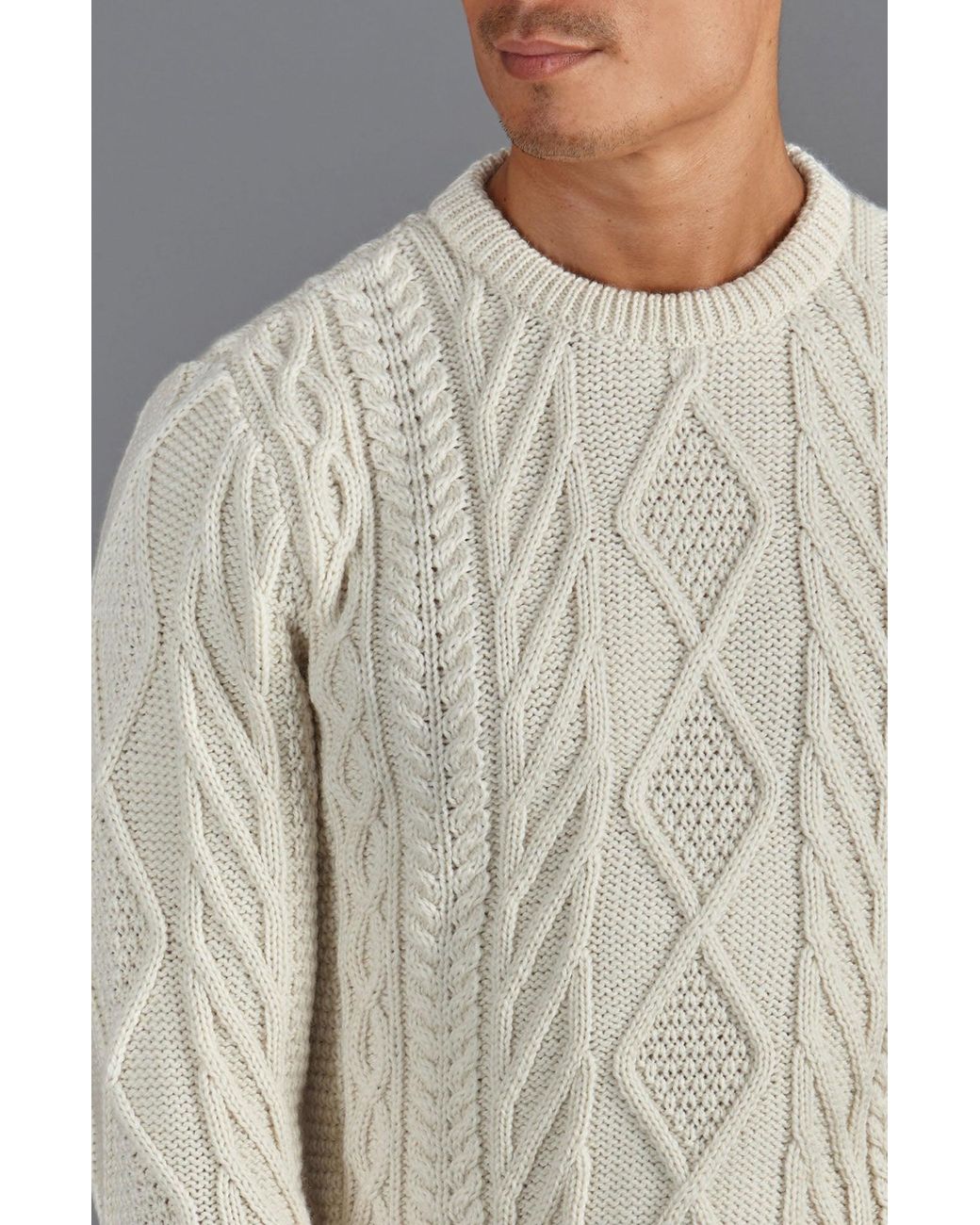 Paul James Knitwear Gray Neutrals Chunky Merino Wool Cameron Cable Jumper for men